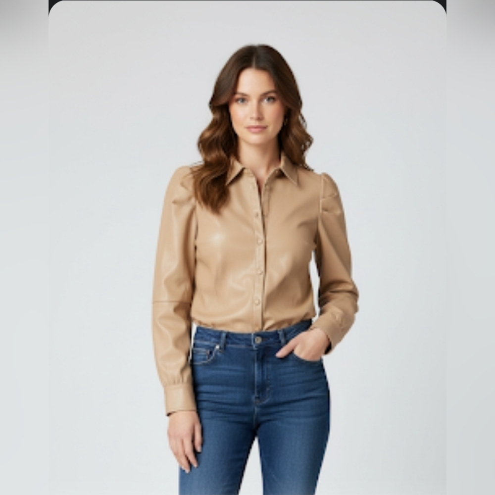 NWOT 7 For All Mankind Tan Faux Leather Button-Up Shirt size L